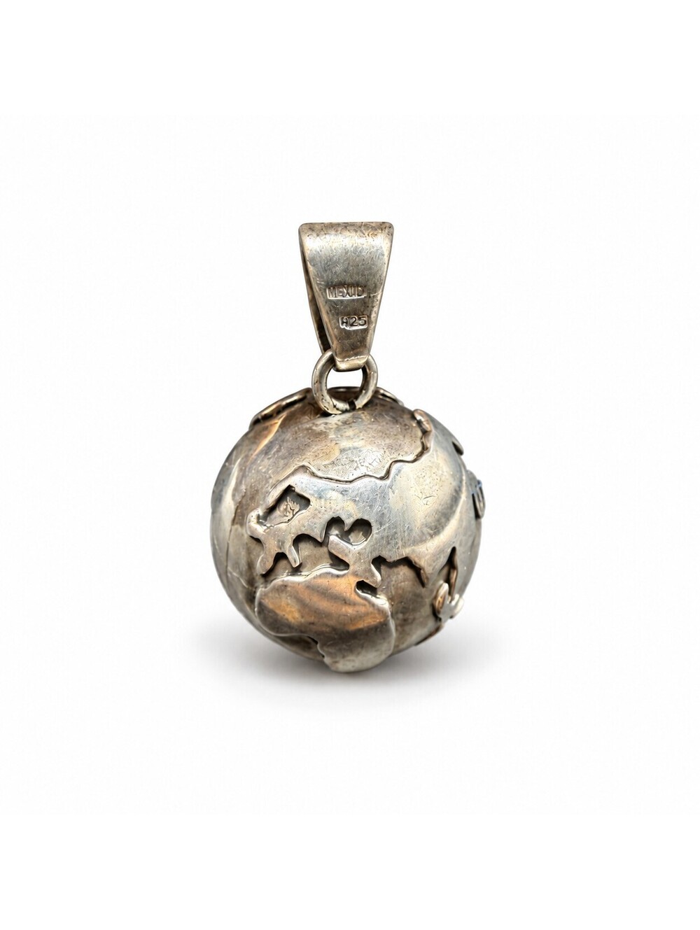 Vintage Mexico 925 Sterling Silver SW KM Globe Bell Pendant 17.2g